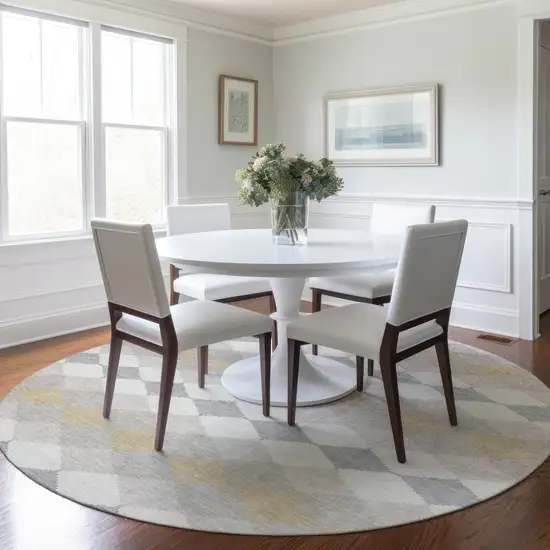 8' Ivory Gray And Gold Round Geometric Washable Indoor Outdoor Area Rug Photo 7