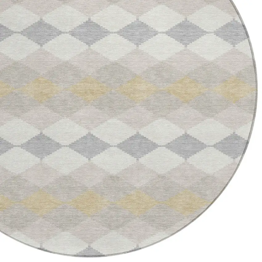 8' Ivory Gray And Gold Round Geometric Washable Indoor Outdoor Area Rug Photo 4