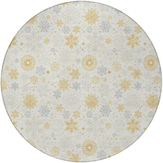 8' Ivory Gray And Gold Round Medallion Washable Indoor Outdoor Area Rug Photo 3