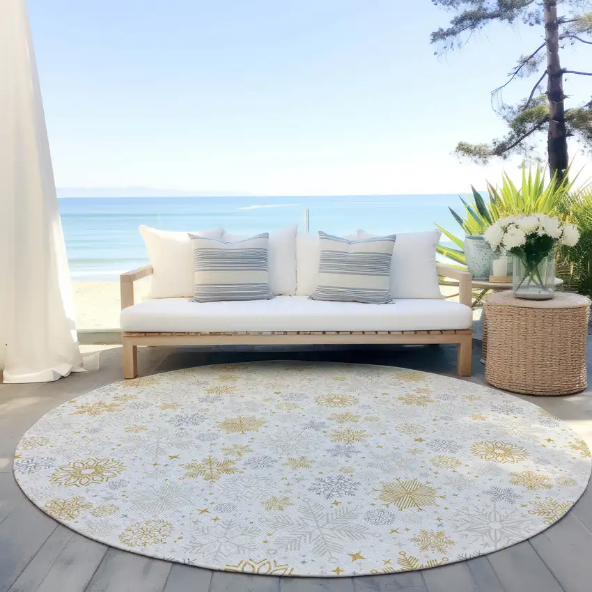 8' Ivory Gray And Gold Round Medallion Washable Indoor Outdoor Area Rug Photo 5