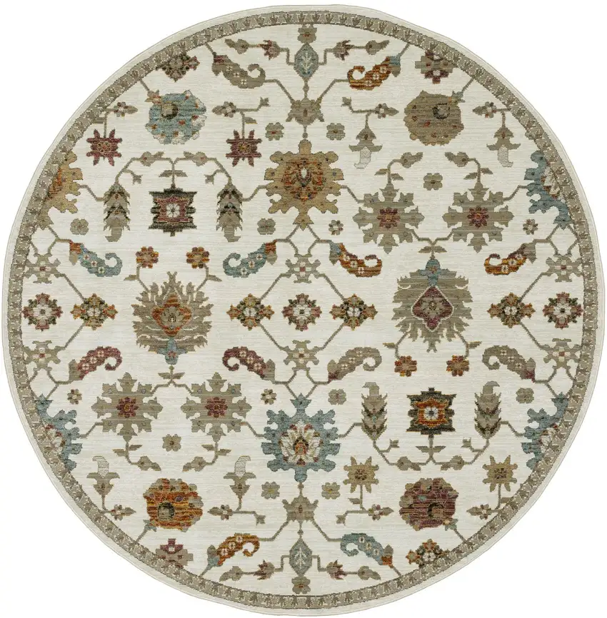 8' Ivory Gray And Light Blue Oriental Round Rug Photo 2