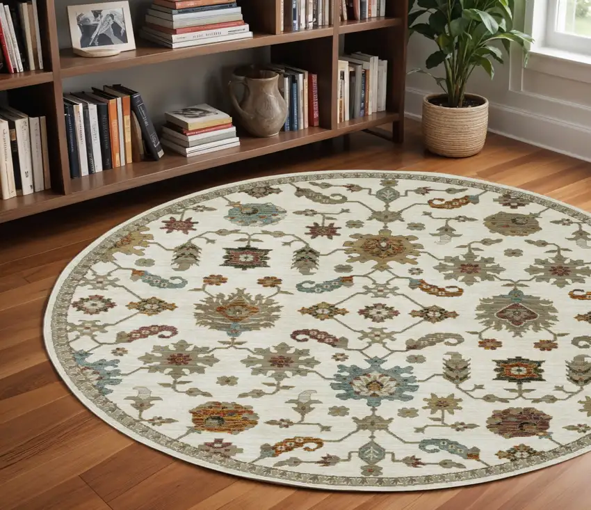 8' Ivory Gray And Light Blue Oriental Round Rug Photo 1