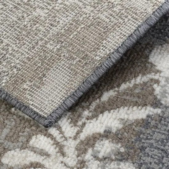 8' Ivory Gray And Olive Floral Power Loom Distressed Stain Resistant Runner Rug Photo 5