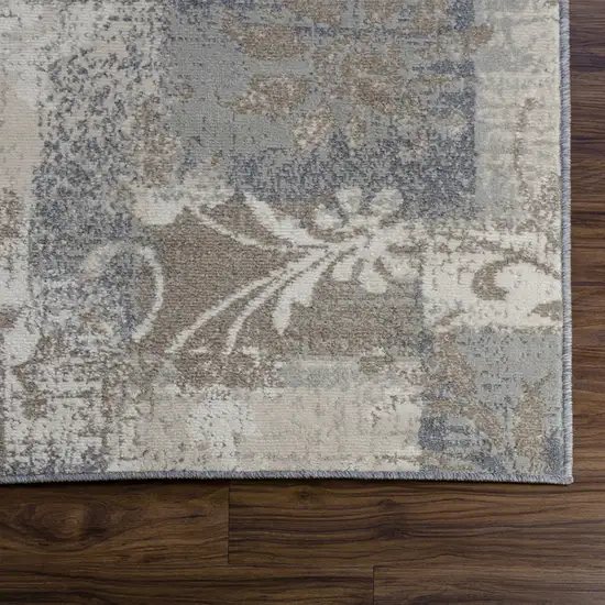 8' Ivory Gray And Olive Floral Power Loom Distressed Stain Resistant Runner Rug Photo 6