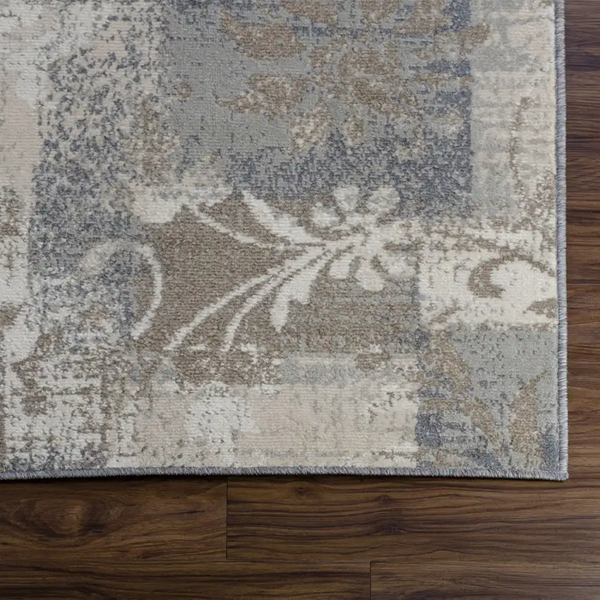 8' Ivory Gray And Olive Floral Power Loom Distressed Stain Resistant Runner Rug Photo 6