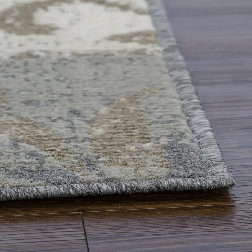 8' Ivory Gray And Olive Floral Power Loom Distressed Stain Resistant Runner Rug Photo 4