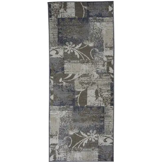 8' Ivory Gray And Olive Floral Power Loom Distressed Stain Resistant Runner Rug Photo 1