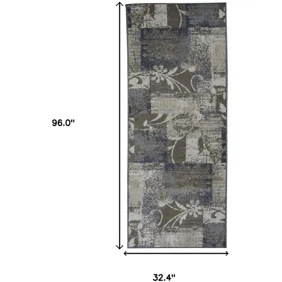 8' Ivory Gray And Olive Floral Power Loom Distressed Stain Resistant Runner Rug Photo 8