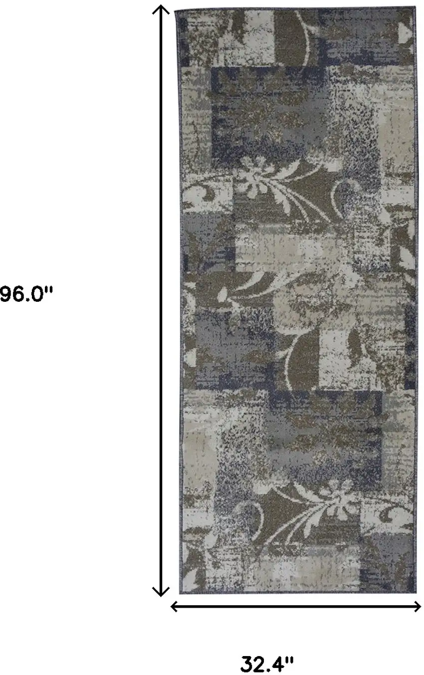 8' Ivory Gray And Olive Floral Power Loom Distressed Stain Resistant Runner Rug Photo 8