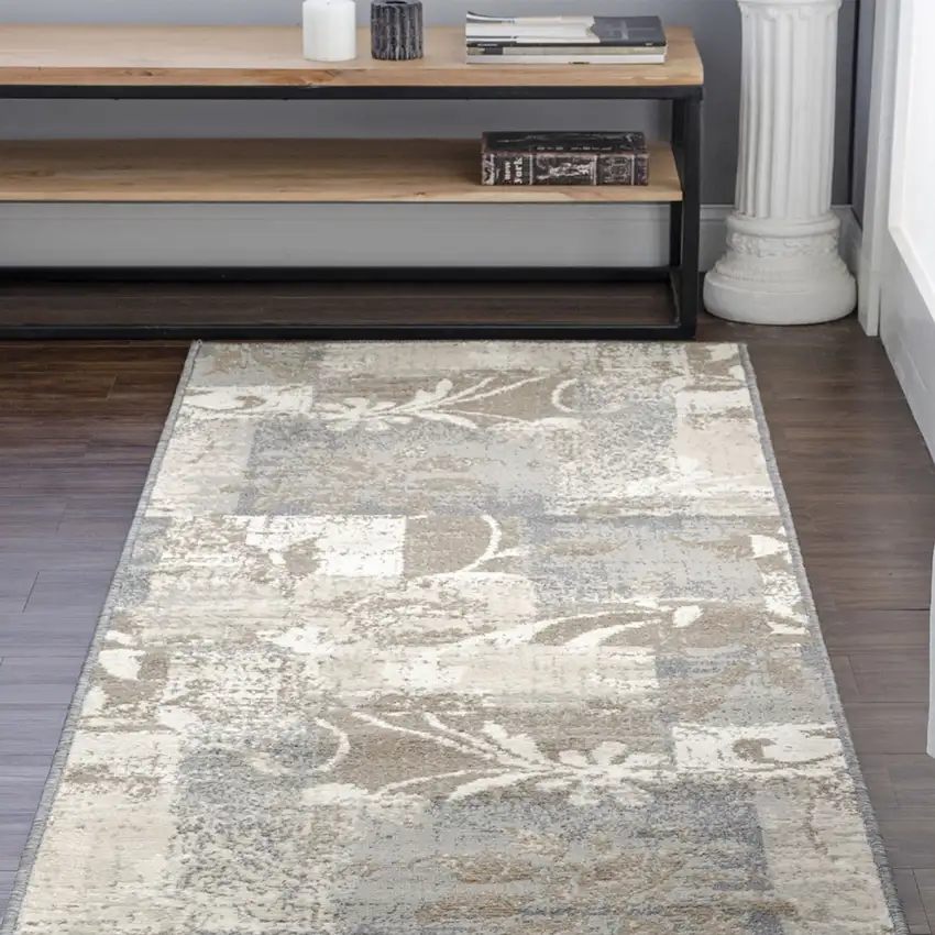 8' Ivory Gray And Olive Floral Power Loom Distressed Stain Resistant Runner Rug Photo 2