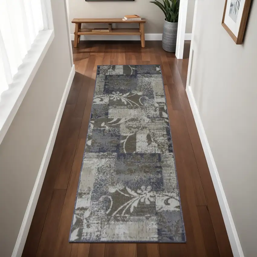 8' Ivory Gray And Olive Floral Power Loom Distressed Stain Resistant Runner Rug Photo 1