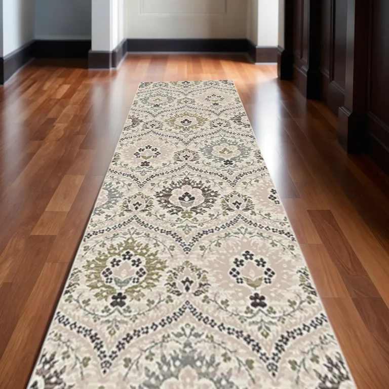 12' Ivory Gray And Olive Floral Stain Resistant Runner Rug Photo 3