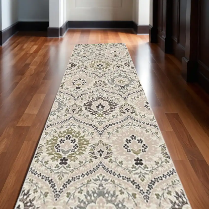 12' Black Ivory And Gray Floral Runner Rug Photo 1