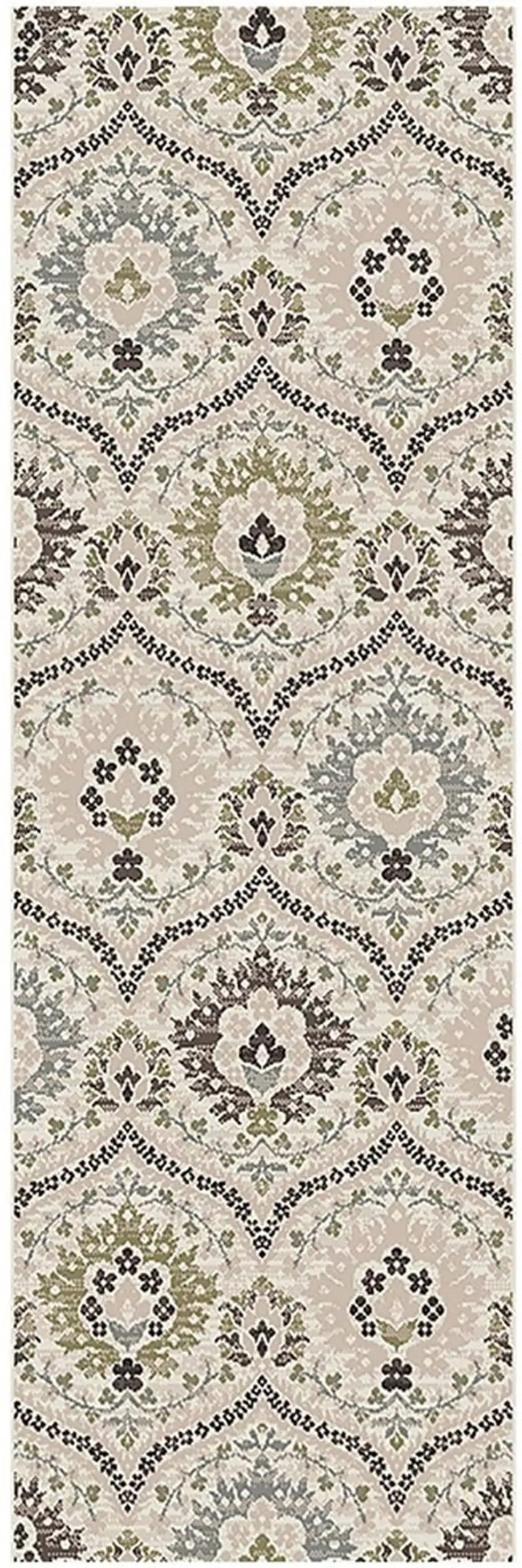 8' Ivory Gray And Olive Floral Stain Resistant Runner Rug Photo 1