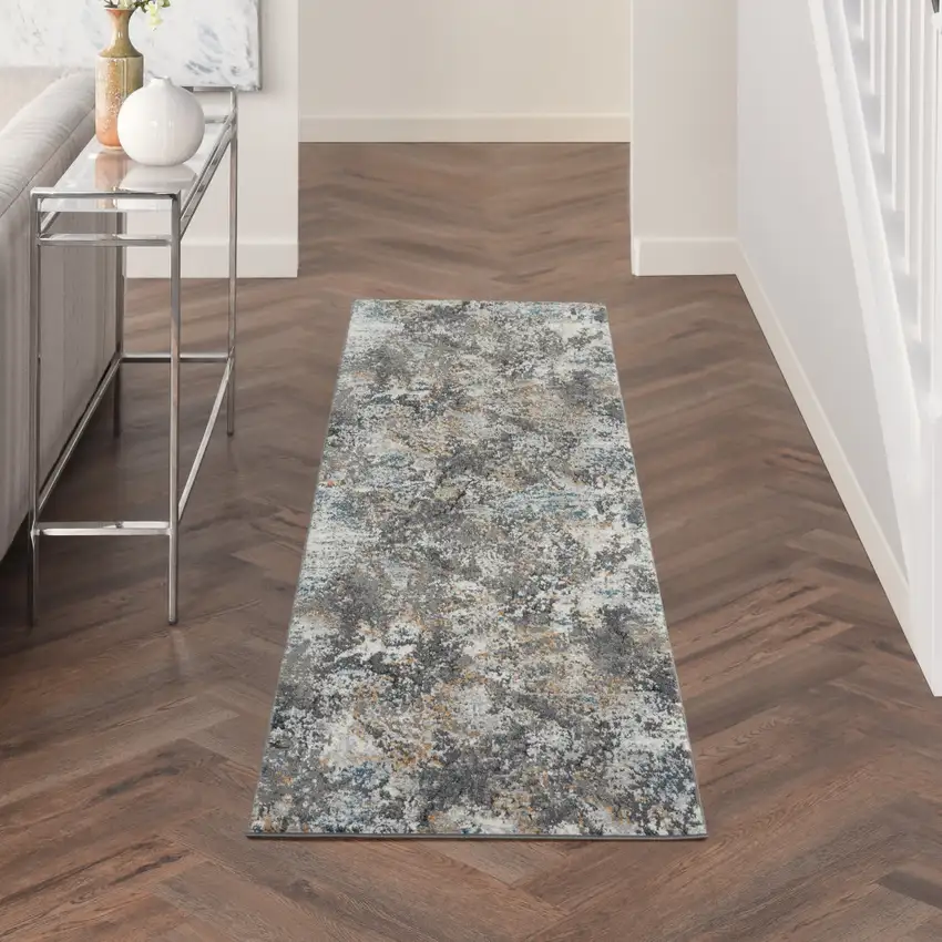 8' Ivory Gray And Orange Abstract Runner Rug Photo 5