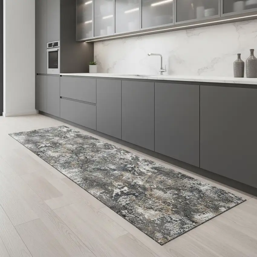 8' Ivory Gray And Orange Abstract Runner Rug Photo 1