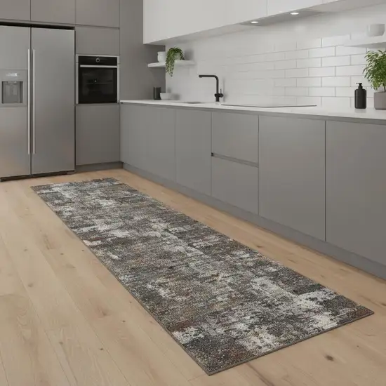 8' Ivory Gray And Orange Abstract Runner Rug Photo 1