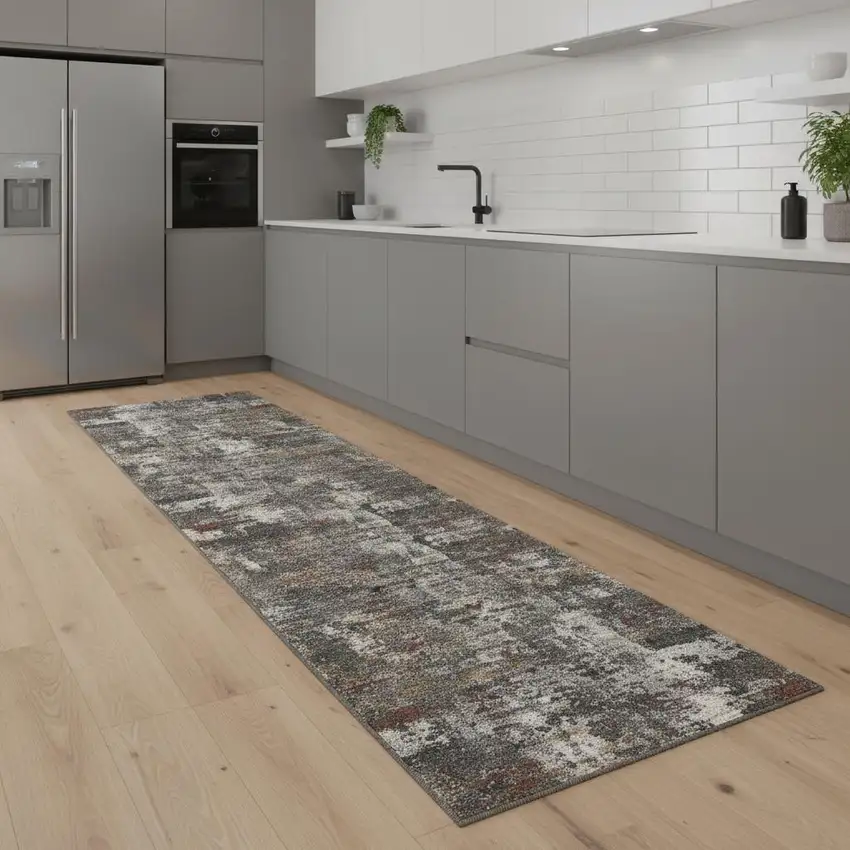 8' Ivory Gray And Orange Abstract Runner Rug Photo 1