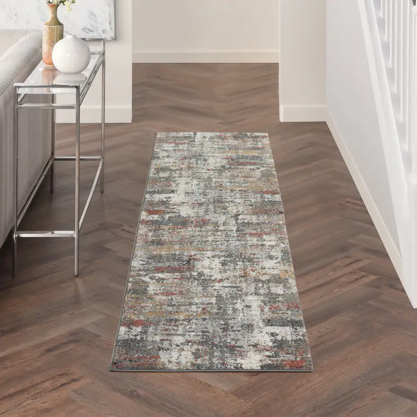 8' Ivory Gray And Orange Abstract Runner Rug Photo 4