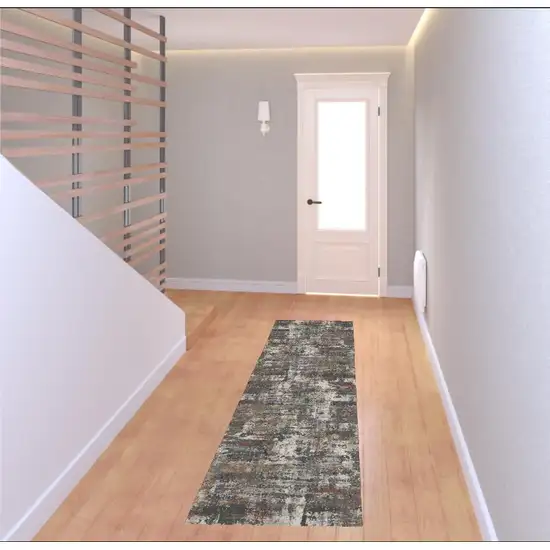 8' Ivory Gray And Orange Abstract Runner Rug Photo 1