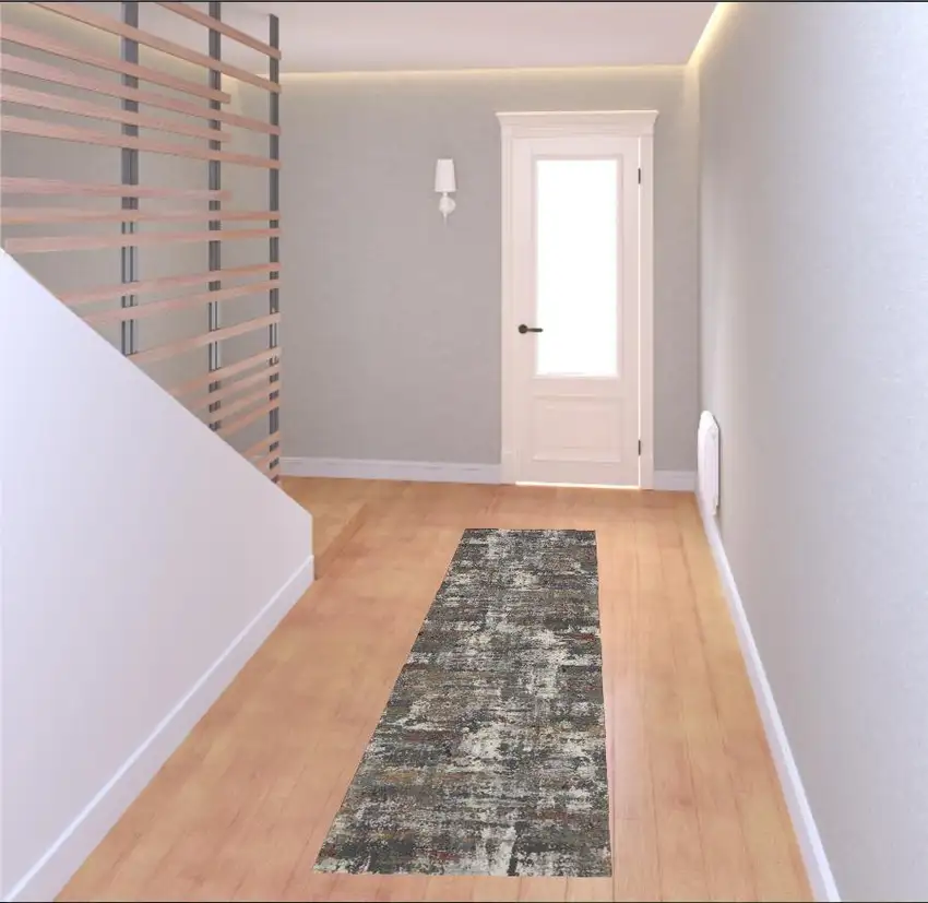 8' Ivory Gray And Orange Abstract Runner Rug Photo 1