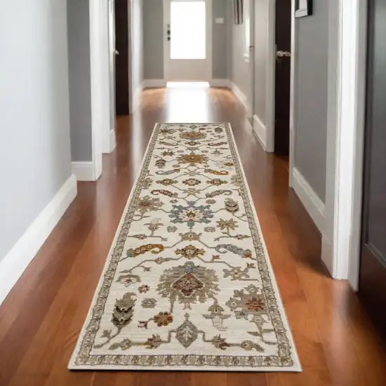 8' Ivory Gray And Orange Oriental Runner Rug Photo 1