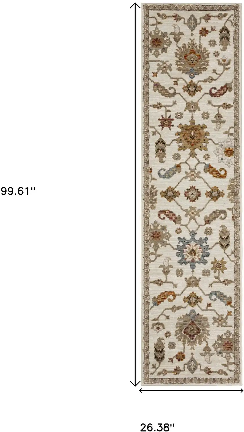 8' Ivory Gray And Orange Oriental Runner Rug Photo 3