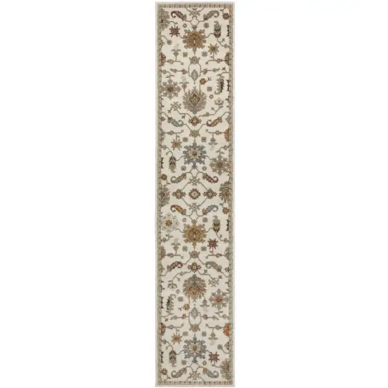 12' Ivory Gray And Orange Oriental Runner Rug Photo 2