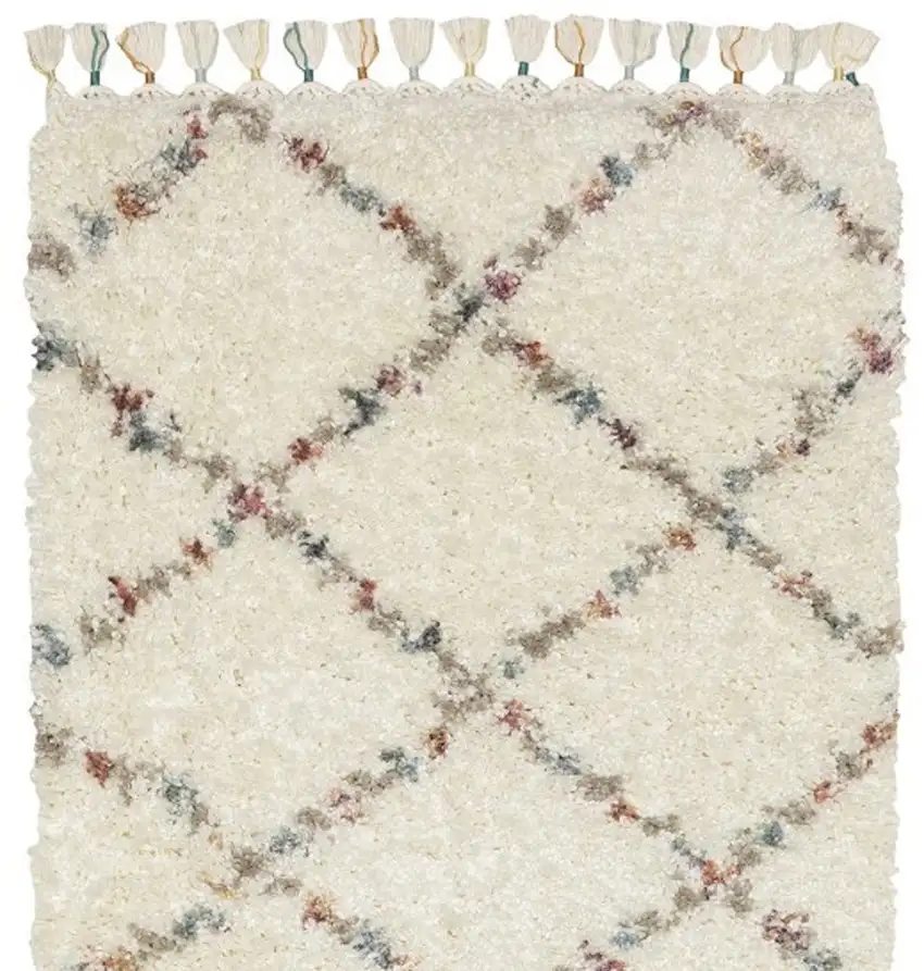 8' Ivory Gray And Red Diamond Shag Runner Rug With Fringe Photo 4