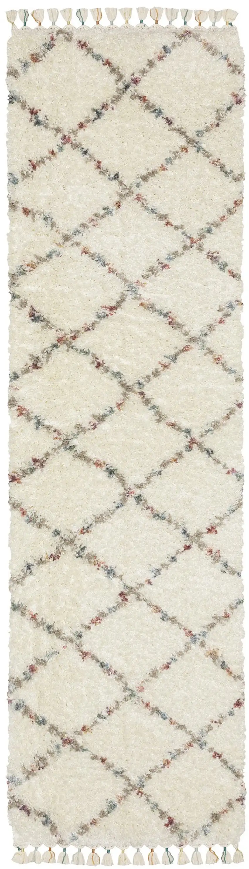 8' Ivory Gray And Red Diamond Shag Runner Rug With Fringe Photo 2