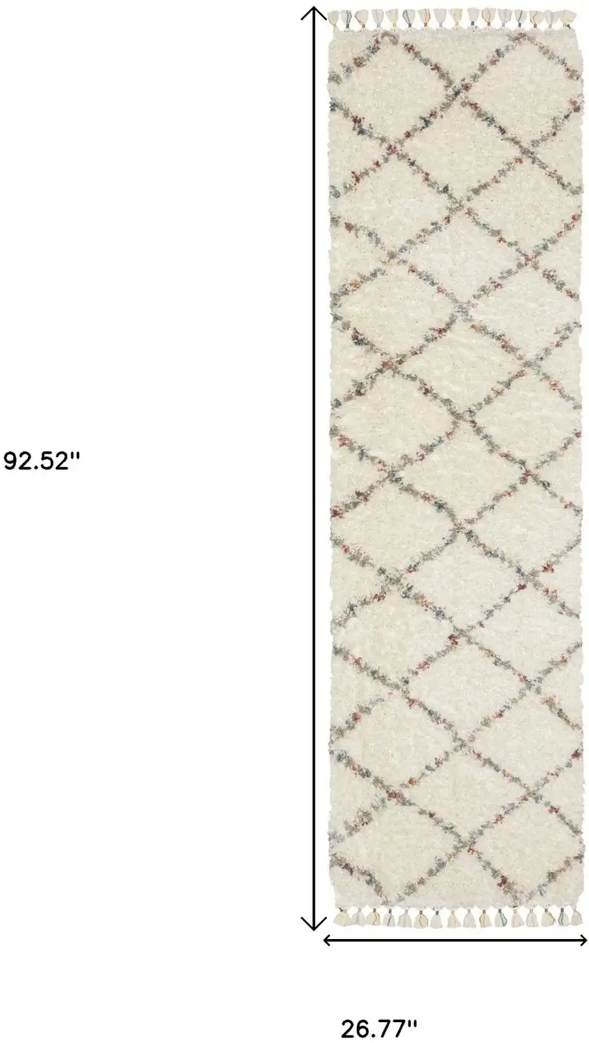8' Ivory Gray And Red Diamond Shag Runner Rug With Fringe Photo 3