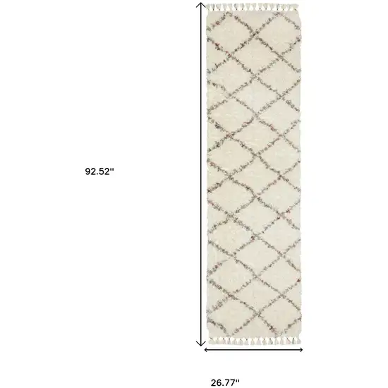 8' Ivory Gray And Red Diamond Shag Runner Rug With Fringe Photo 3