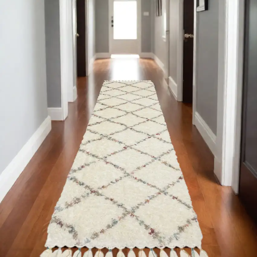 8' Ivory Gray And Red Diamond Shag Runner Rug With Fringe Photo 1