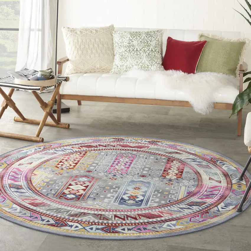 6' Ivory Gray And Red Floral Distressed Round Rug Photo 5