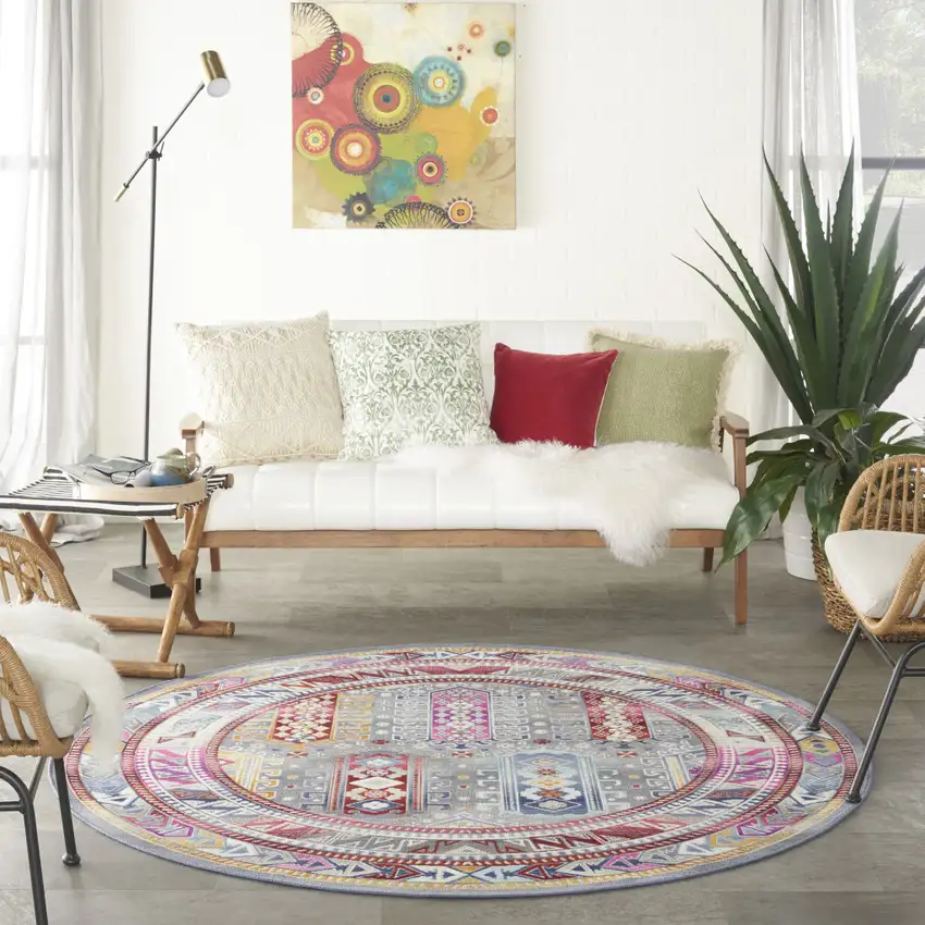 6' Ivory Gray And Red Floral Distressed Round Rug Photo 6