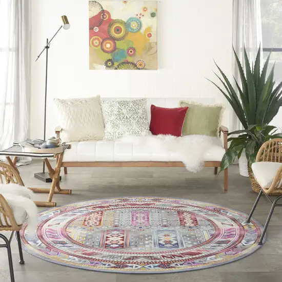 6' Ivory Gray And Red Floral Distressed Round Rug Photo 6