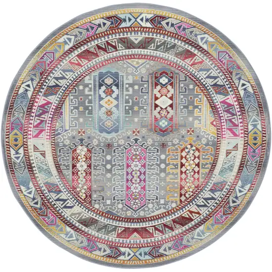 6' Ivory Gray And Red Floral Distressed Round Rug Photo 1