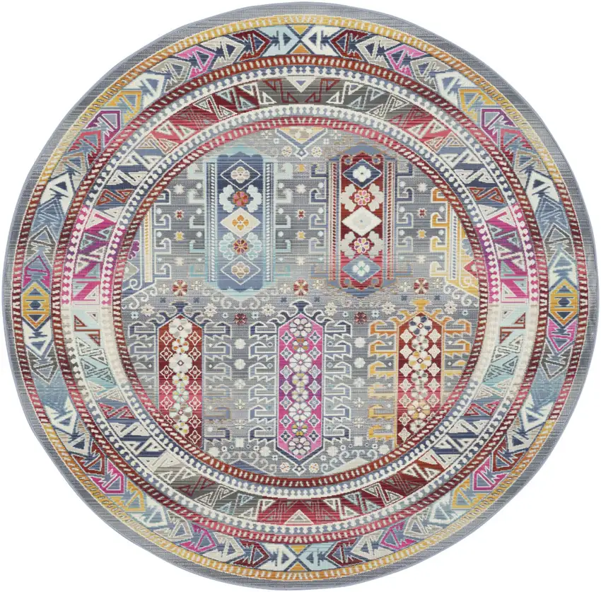 6' Ivory Gray And Red Floral Distressed Round Rug Photo 1