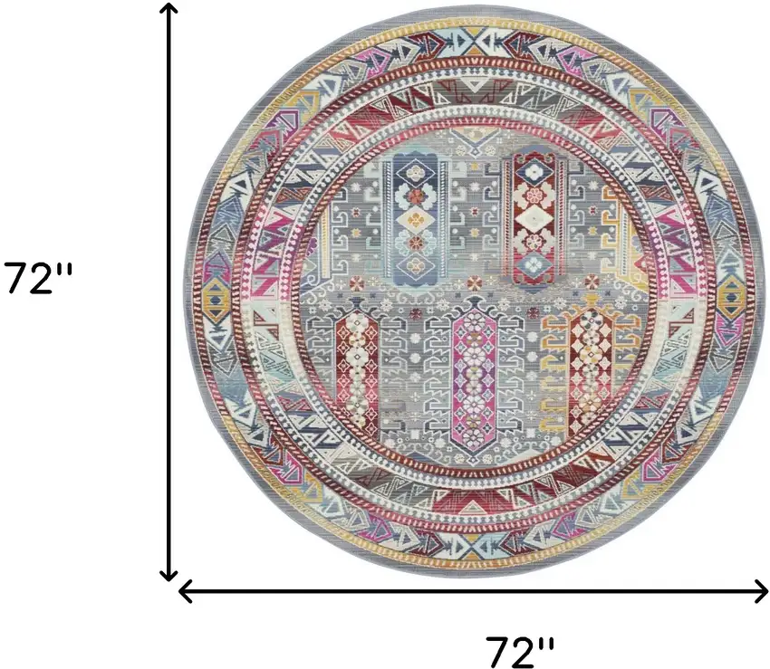 6' Ivory Gray And Red Floral Distressed Round Rug Photo 3
