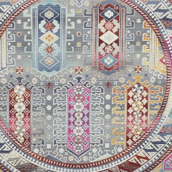 6' Ivory Gray And Red Floral Distressed Round Rug Photo 4