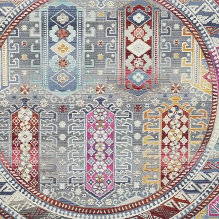 6' Ivory Gray And Red Floral Distressed Round Rug Photo 4