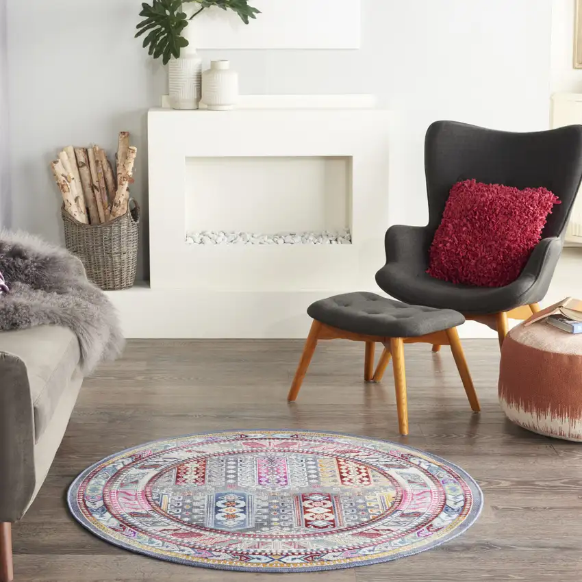 4' Ivory Gray And Red Floral Distressed Round Rug Photo 6