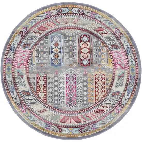 4' Ivory Gray And Red Floral Distressed Round Rug Photo 4