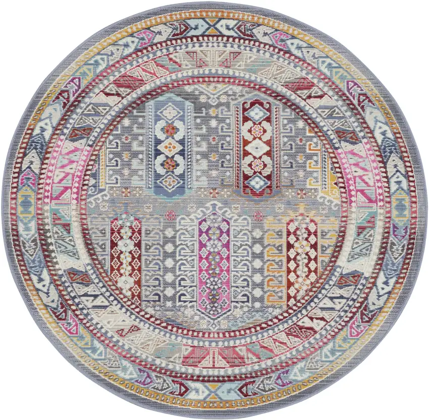 4' Ivory Gray And Red Floral Distressed Round Rug Photo 4