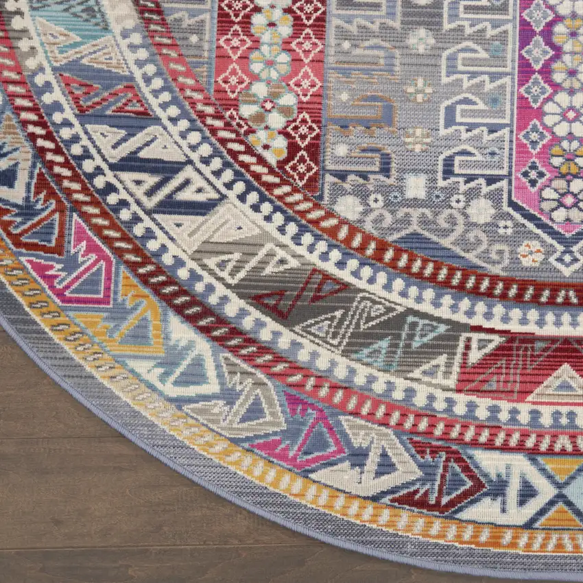 4' Ivory Gray And Red Floral Distressed Round Rug Photo 9