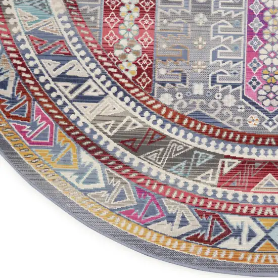 4' Ivory Gray And Red Floral Distressed Round Rug Photo 8