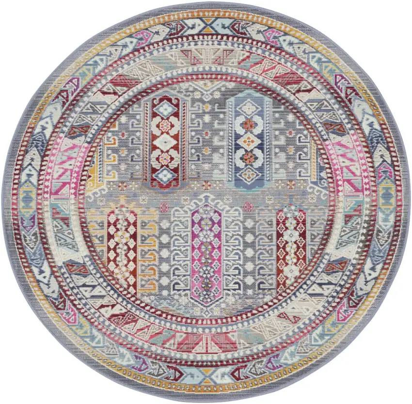 4' Ivory Gray And Red Floral Distressed Round Rug Photo 8