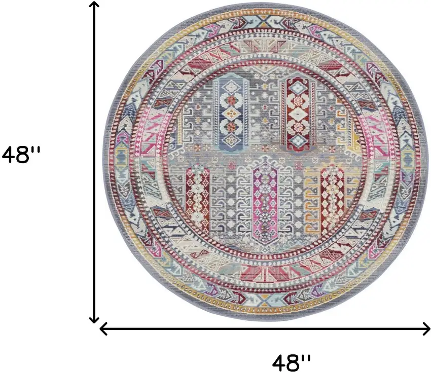 4' Ivory Gray And Red Floral Distressed Round Rug Photo 3
