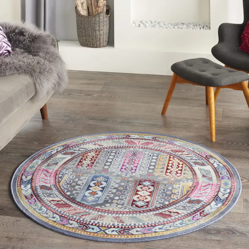 4' Ivory Gray And Red Floral Distressed Round Rug Photo 5