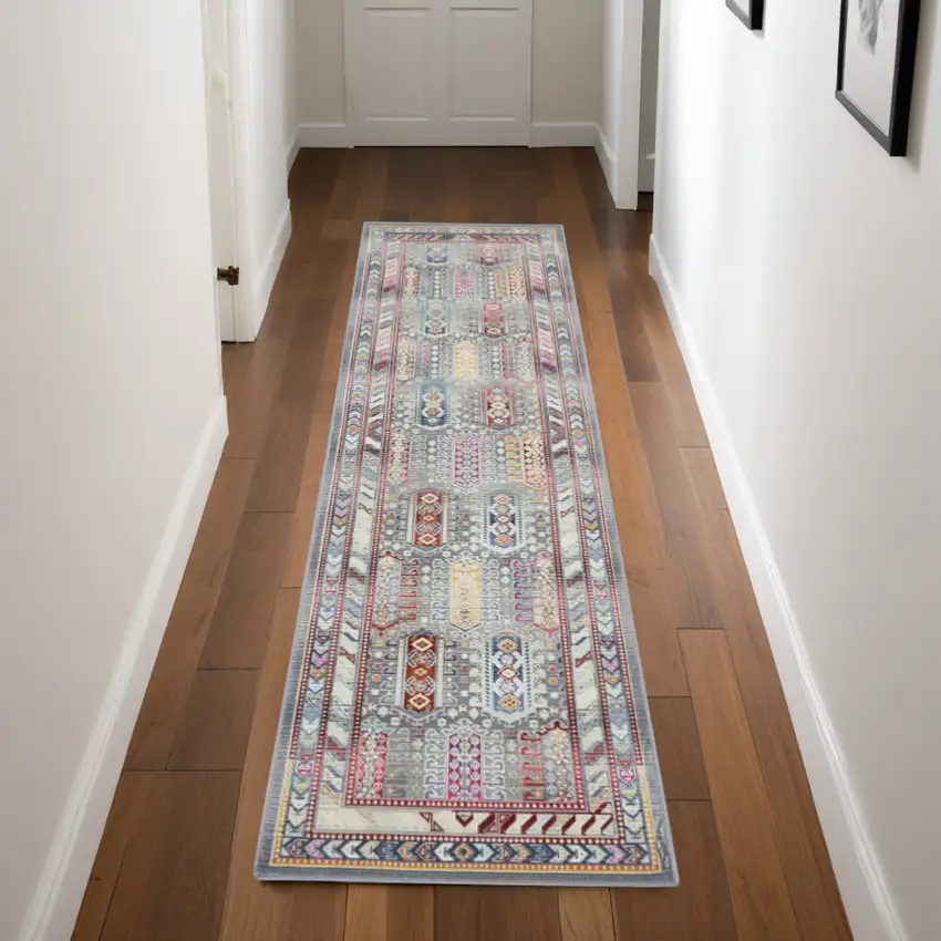 8' Ivory Gray And Red Floral Distressed Runner Rug Photo 1